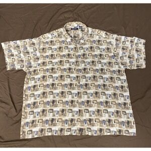 Puritan Mens 3XL Button Frnt Shirt Shrt Sleeve Beige Abstract 100% Viscose Rayon